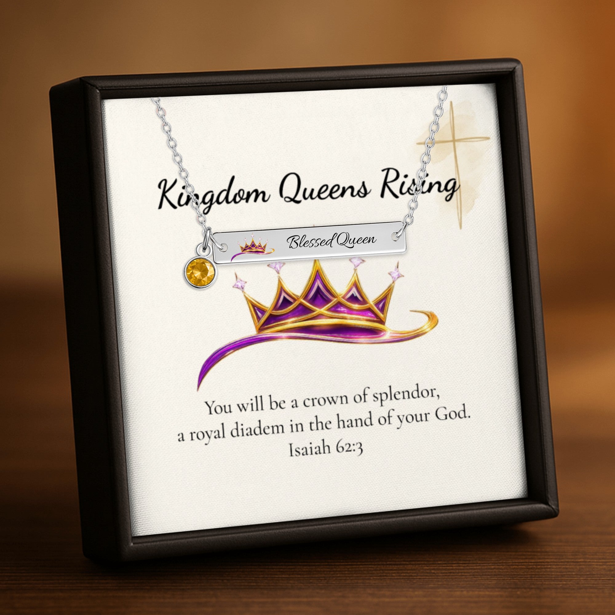 Blessed Queen Horizontal Bar Necklace with Birthstone