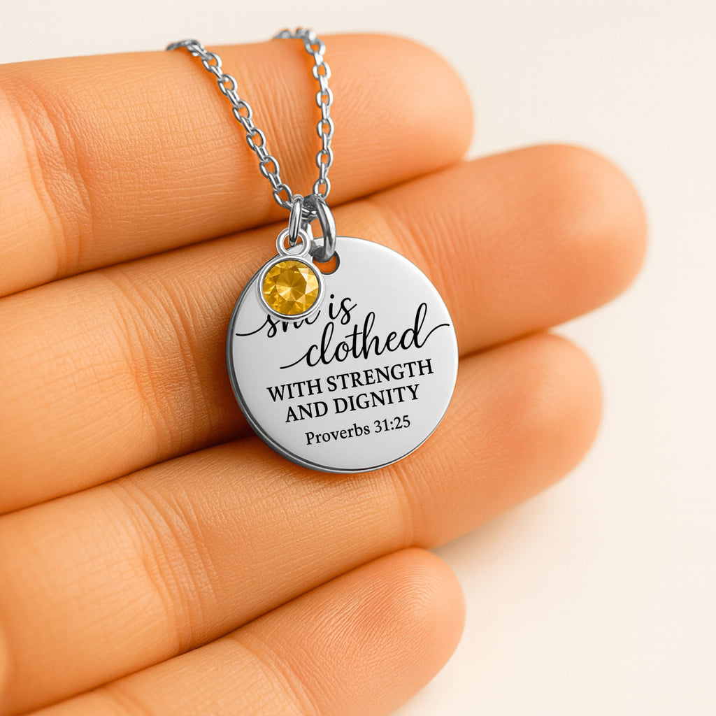 Proverbs 31:25 Coin Necklace with Birthstone