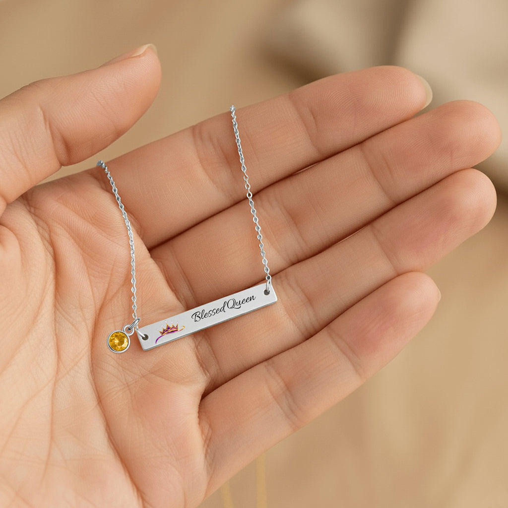 Blessed Queen Horizontal Bar Necklace with Birthstone