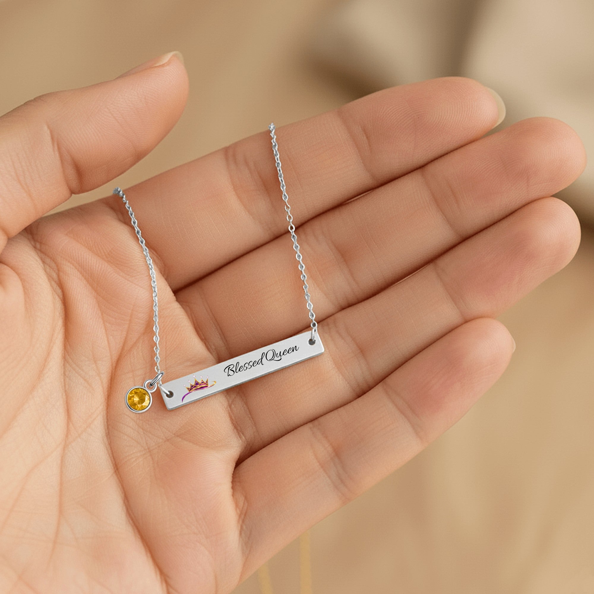Blessed Queen Horizontal Bar Necklace with Birthstone