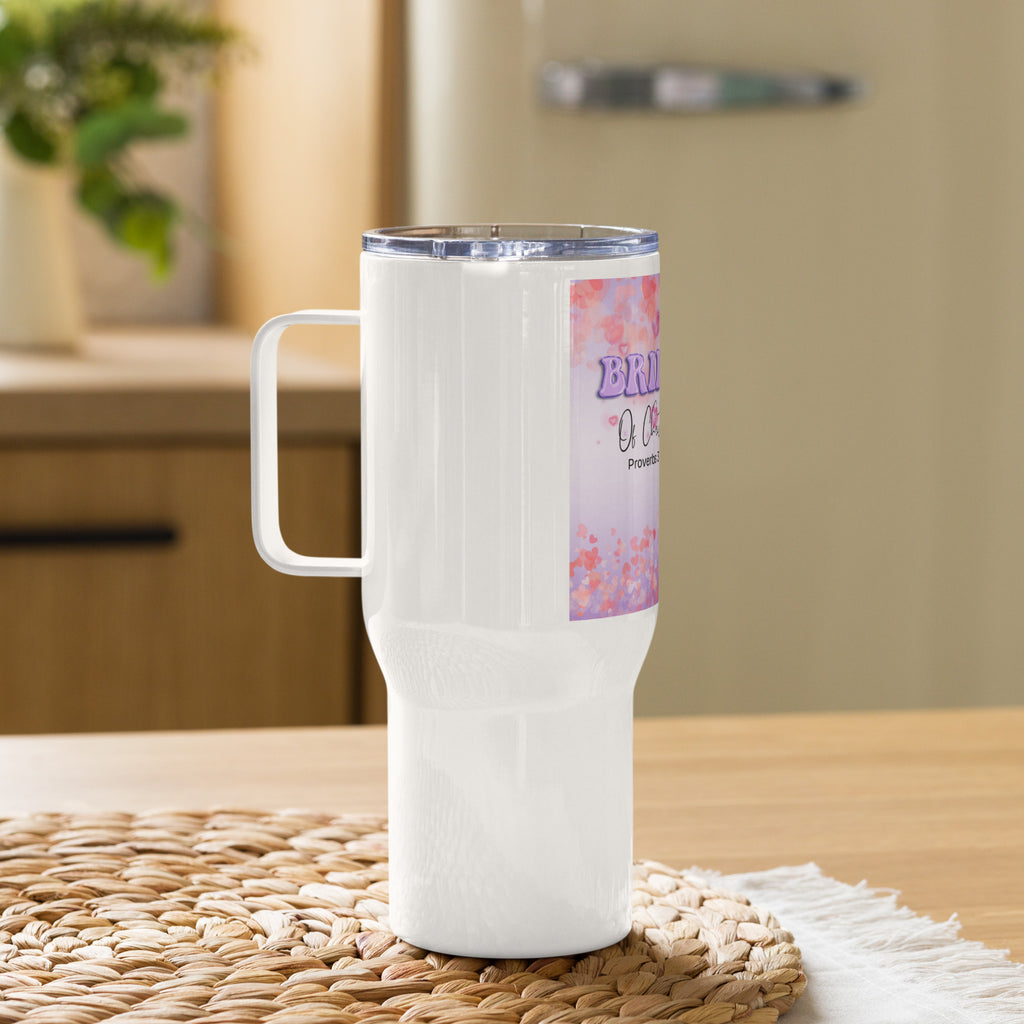 Side view of glossy white 25oz Travel mug with lid and handle to the left with image of purple Bride balloon text and of Christ in fancy text with Proverbs 31 text, backside of dark skin bride with long dark hair in fancy wedding dress to the right in front of purple faded background and purple and pink shade hearts in a square