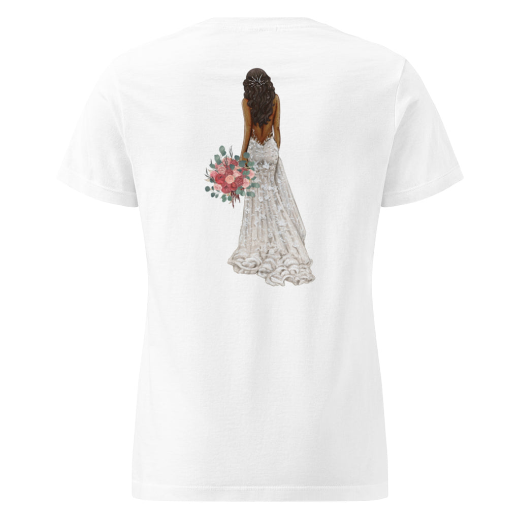 Back view of white t-shirt backside of dark skin bride with long dark hair in fancy wedding holding a pink floral bouquet