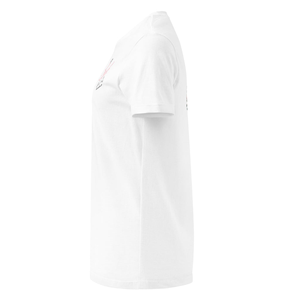 Left side view of white t-shirt front side Bride of Christ text and on the back is image of backside of dark skin bride with long dark hair in fancy wedding holding a pink floral bouquet