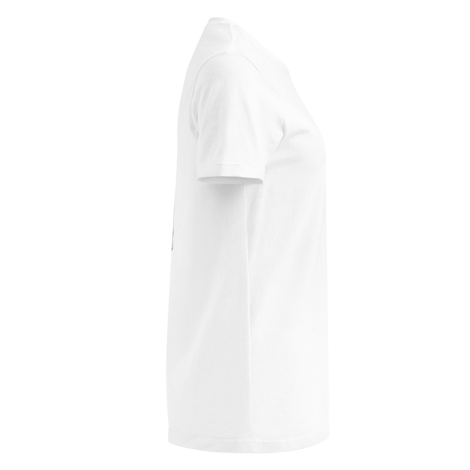 Side view of white t-shirt with back side of bride holding bouquet and front with Bride Of Christ Logo