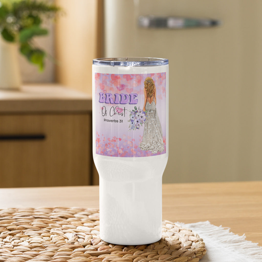 Front view of white glossy 25oz Bride of Christ image with Balloon purple text of Christ in fancy letters, proverbs 31 below showing the back side of bride in fancy wedding dress with light skin and blonde long hair holding a purple floral bouquet