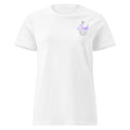 Front view of white t-shirt with Bride of Christ text on the left side of chest and on the back side of t-shirt a large image of bride light skin, long blonde hair, in a lace wedding dress, low back, holding a purple bouquet.