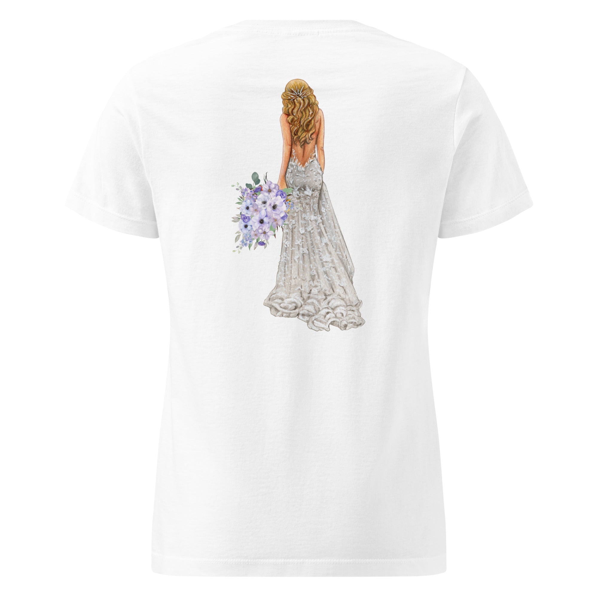 Back side of white t-shirt with large image of bride light skin, long blonde hair, in a lace wedding dress, low back, holding a purple bouquet.