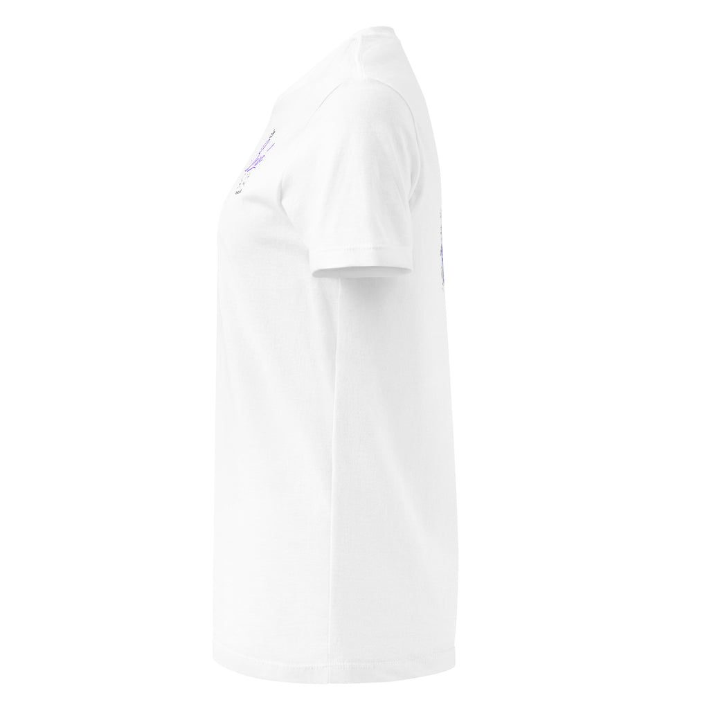 Left side view of white t-shirt with Bride of Christ text on the right and on the left a large image of bride light skin, long blonde hair, in a lace wedding dress, low back, holding a purple bouquet.