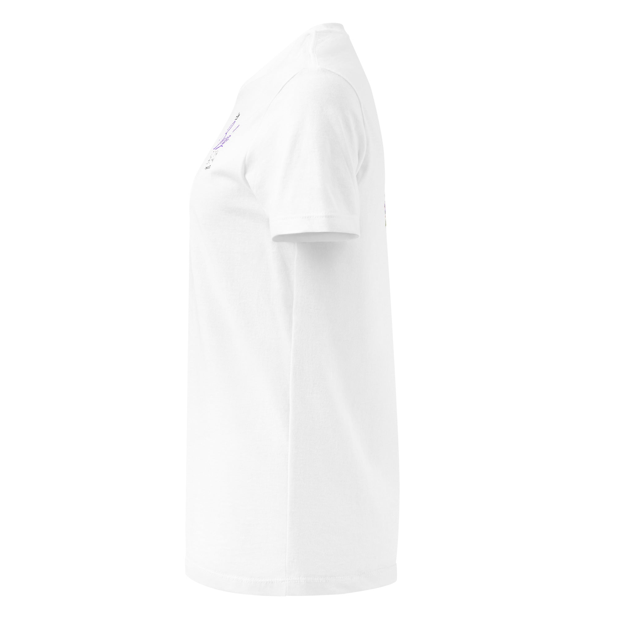 Left side view of white t-shirt with large image of bride medium skin, long dark hair,  in a lace wedding dress, low back, holding a purple bouquet on the back of shirt and Bride of Christ purple fancy lettering on front of the t-shirt.