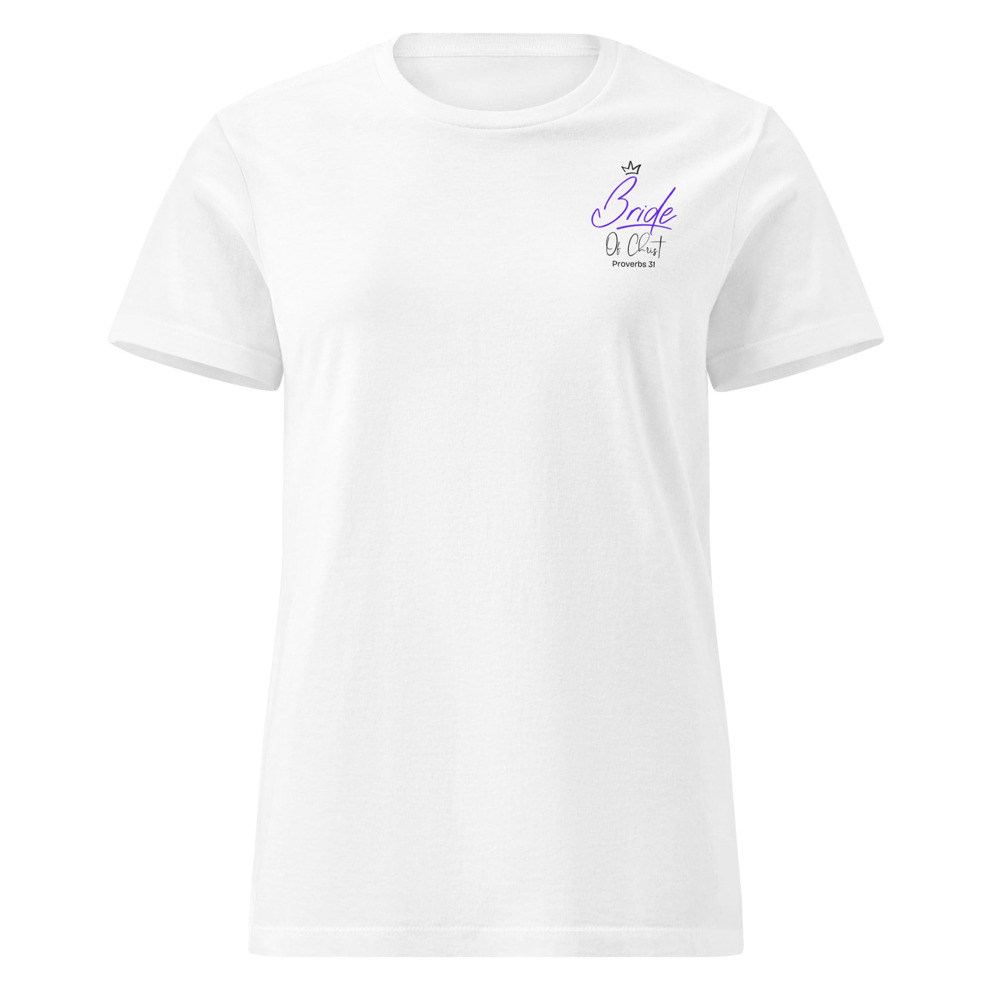Front view of white t-shirt with large image of bride medium skin, long dark hair,  in a lace wedding dress, low back, holding a purple bouquet on the back of shirt and Bride of Christ purple fancy lettering on front of the t-shirt.