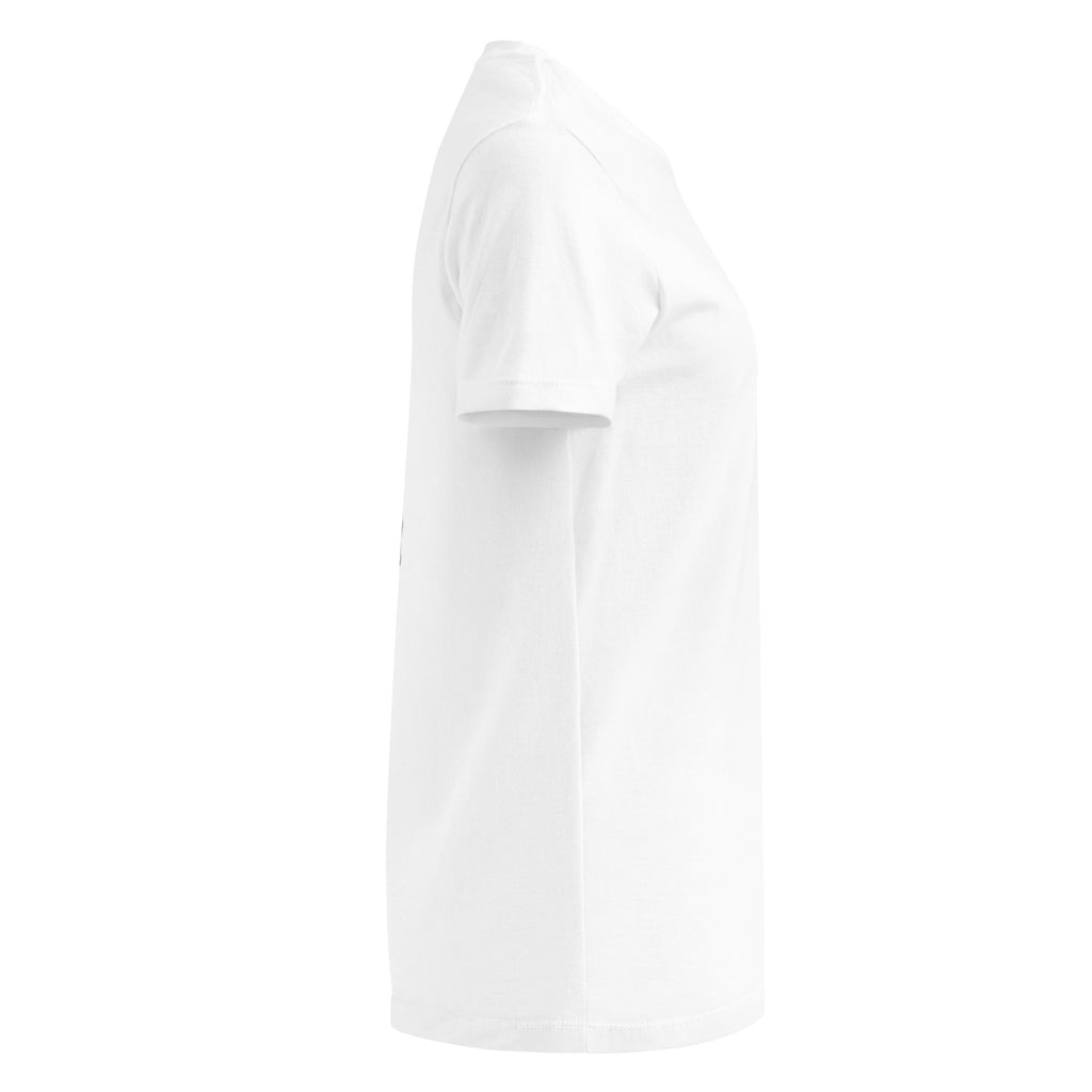 Right side view of white t-shirt with large image of bride medium skin, long dark hair,  in a lace wedding dress, low back, holding a purple bouquet on the back of shirt and Bride of Christ purple fancy lettering on front of the t-shirt.