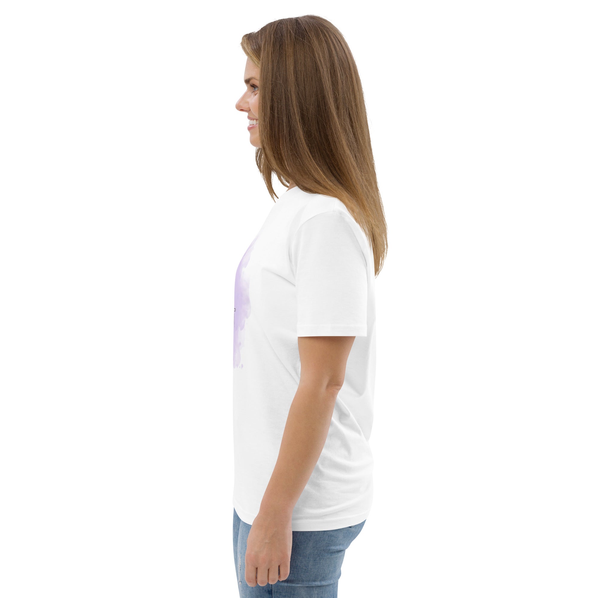 Left sleeve side view of t-shirt showing Kingdom Queens Rising logo with fancy lettering and hand drawing woman's face with a crown on top over a purple smoke background, on the front of shirt. Plain in the back side.