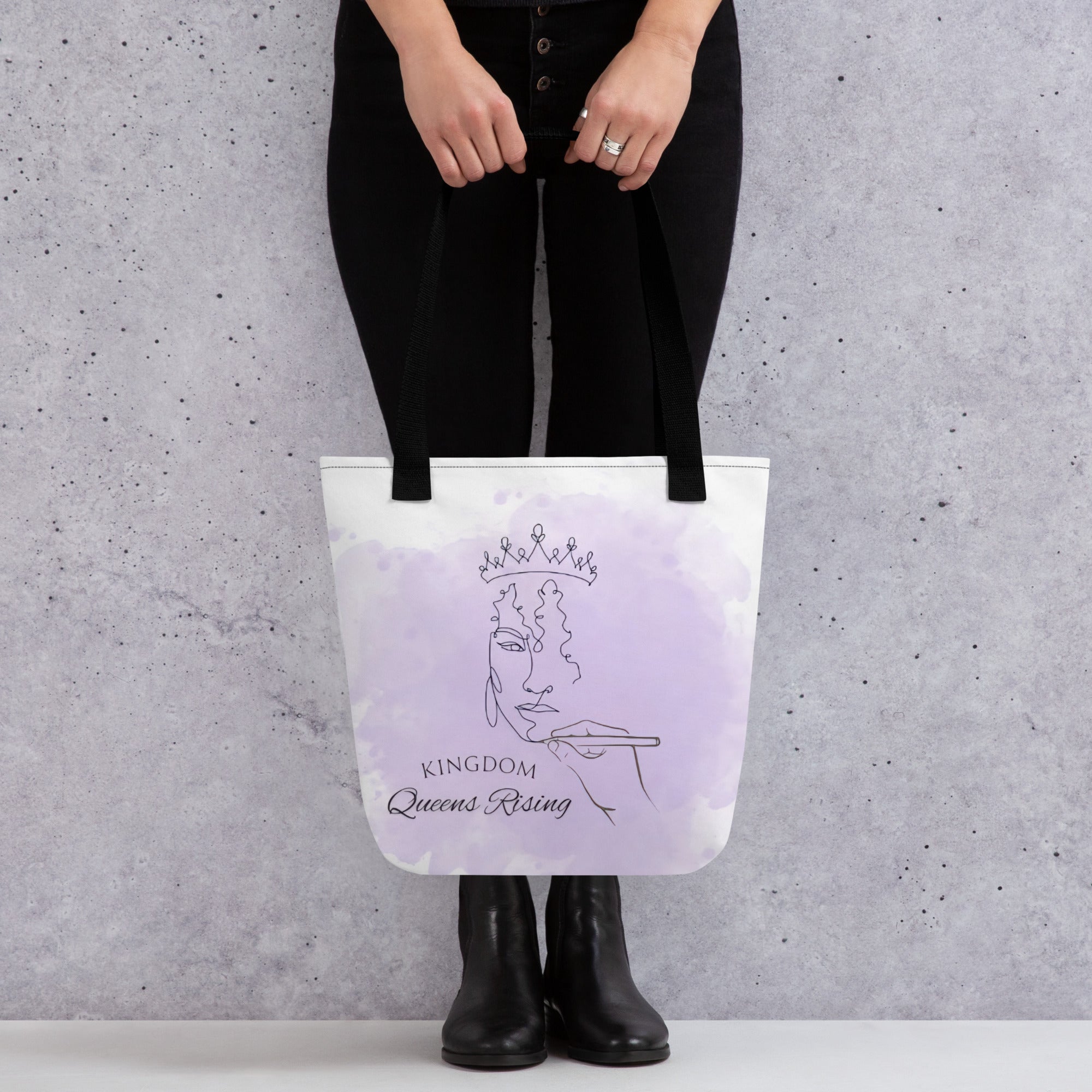 Kingdom Queens Rising logo tote bag 15x15 bag with black handle straps.