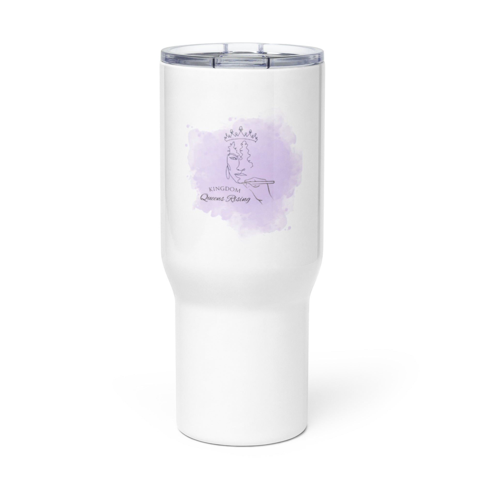 Front view white glossy travel mug 25oz plastic lid with handle on the back side and image showing of Kingdom Queens Rising logo of fancy lettering and hand drawing woman's face with a crown on top over a purple smoke background, on the front.