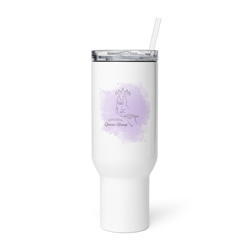 Front view white glossy travel mug 40oz with straw and plastic lid showing image of Kingdom Queens Rising logo of fancy lettering and hand drawing woman's face with a crown on top over a purple smoke background.