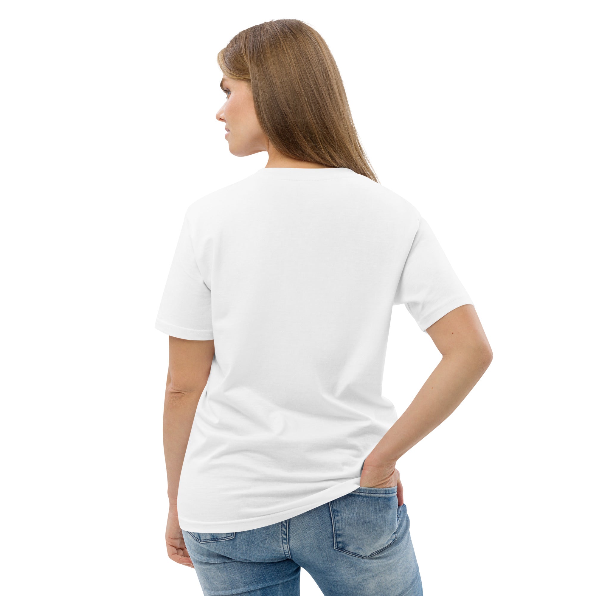 Plain back side blank view of t-shirt with  Kingdom Queens Rising logo with fancy lettering and hand drawing woman's face with a crown on top over a purple smoke background, on the front chest area of shirt.