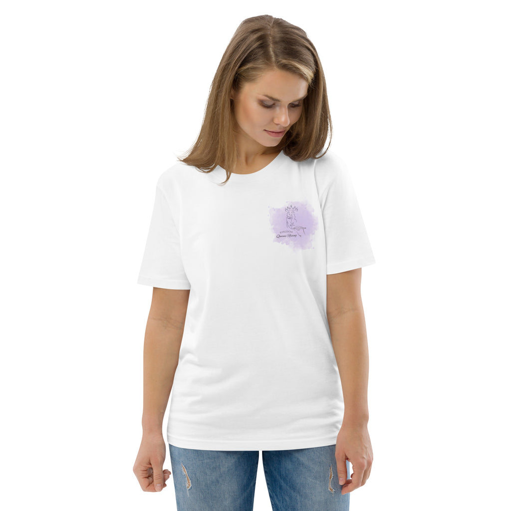 Front side view of white t-shirt with Kingdom Queens Rising fancy letters purple Logo with woman's face hand drawn wearing a crown on the left side chest of t-shirt.