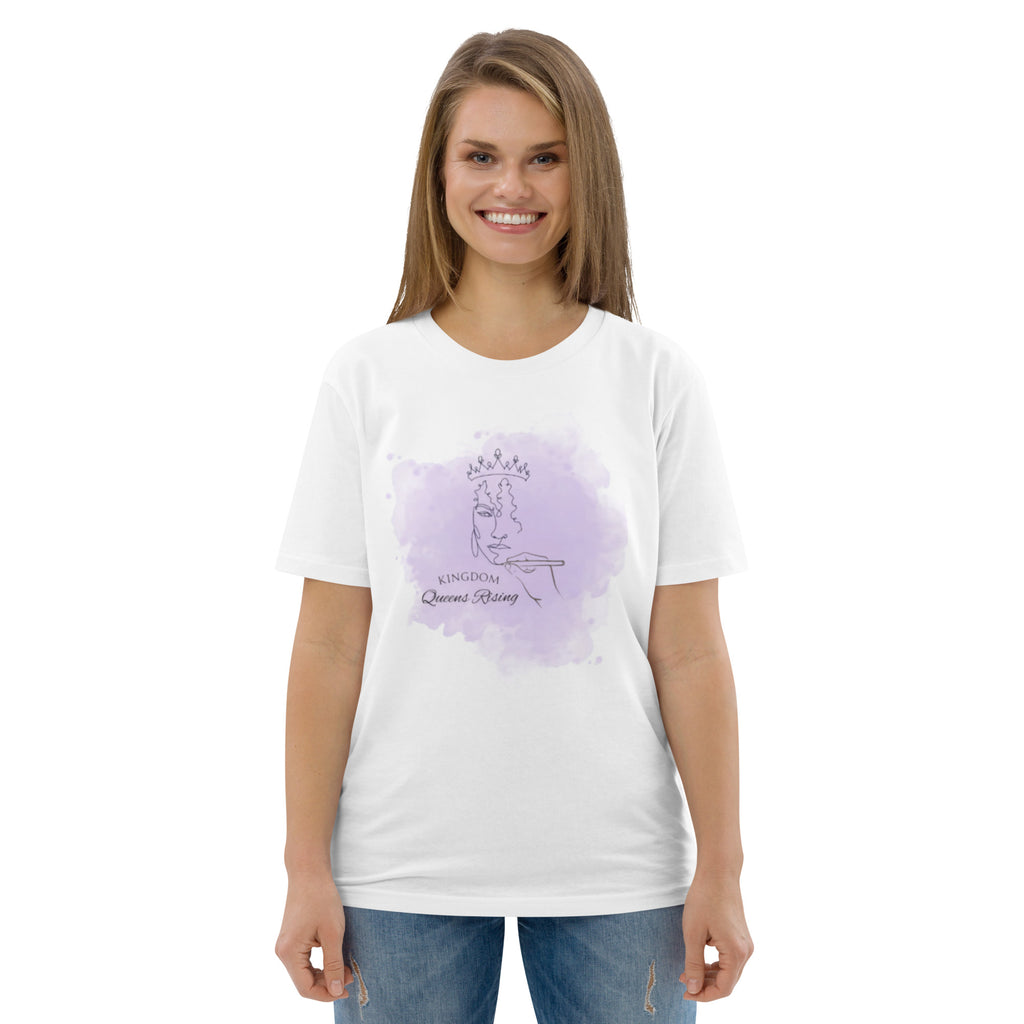 Front view of t-shirt showing Kingdom Queens Rising logo with fancy lettering and hand drawing woman's face with a crown on top over a purple smoke background, on the front chest area of shirt. Plain in the back side.