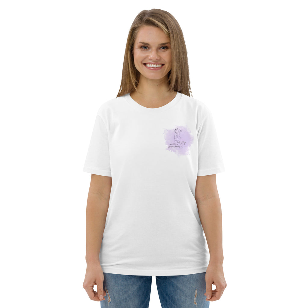 Front view of white t-shirt with Kingdom Queens Rising fancy letters purple Logo with woman's face hand drawn wearing a crown on the left side chest of t-shirt.