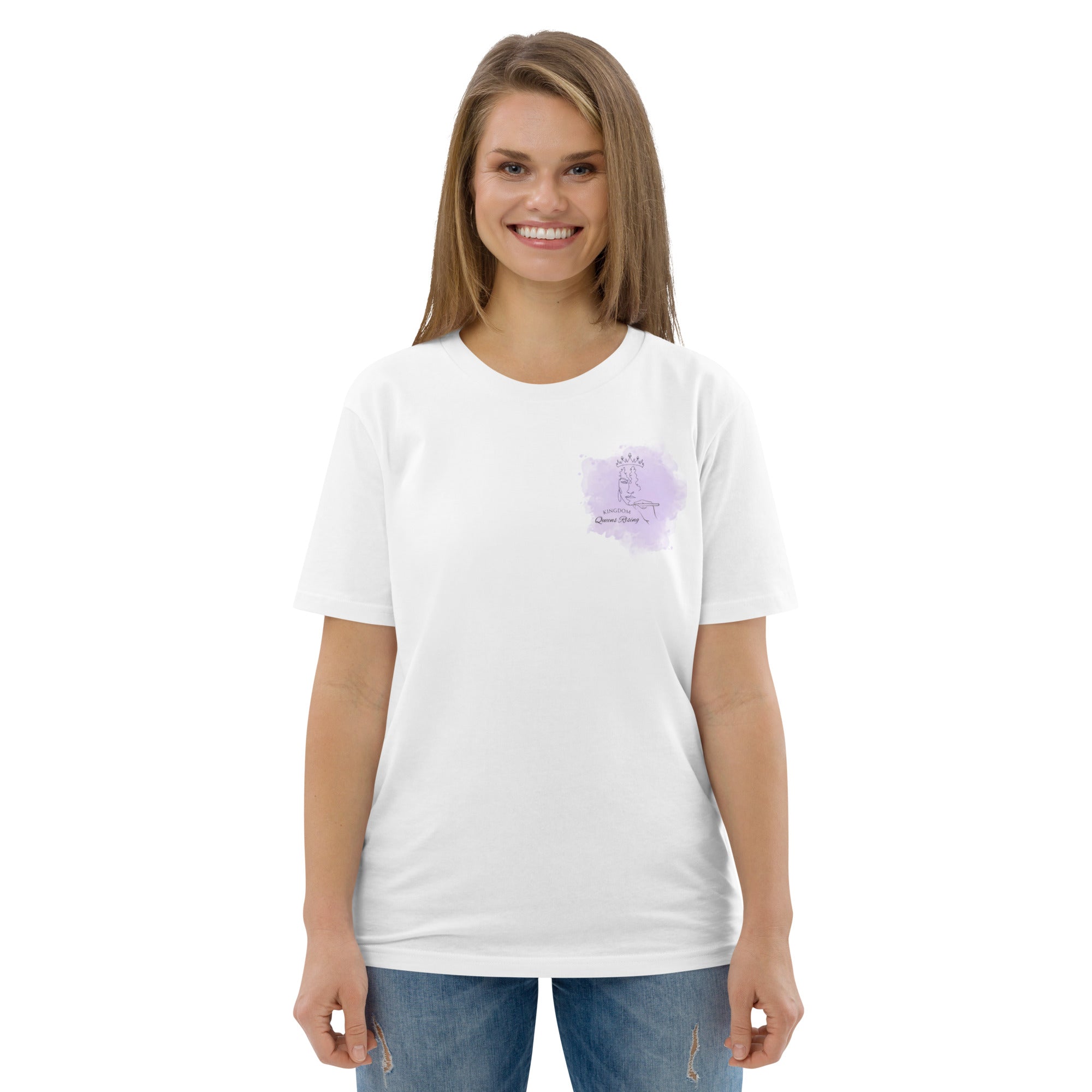 Front view of white t-shirt with Kingdom Queens Rising fancy letters purple Logo with woman's face hand drawn wearing a crown on the left side chest of t-shirt.