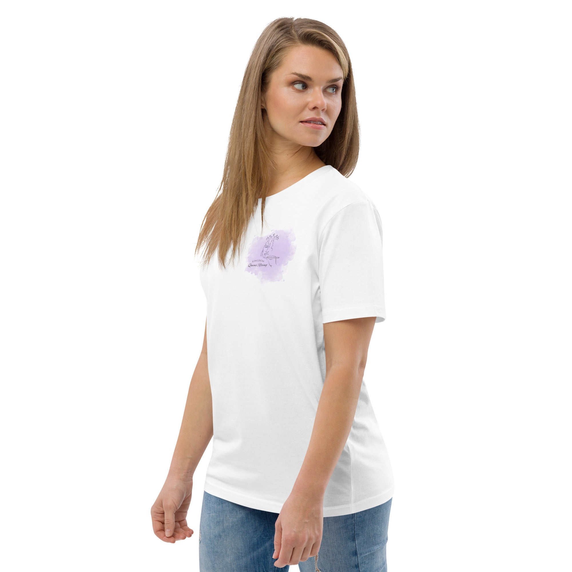 Front view of white t-shirt with Kingdom Queens Rising fancy letters purple Logo with woman's face hand drawn wearing a crown.