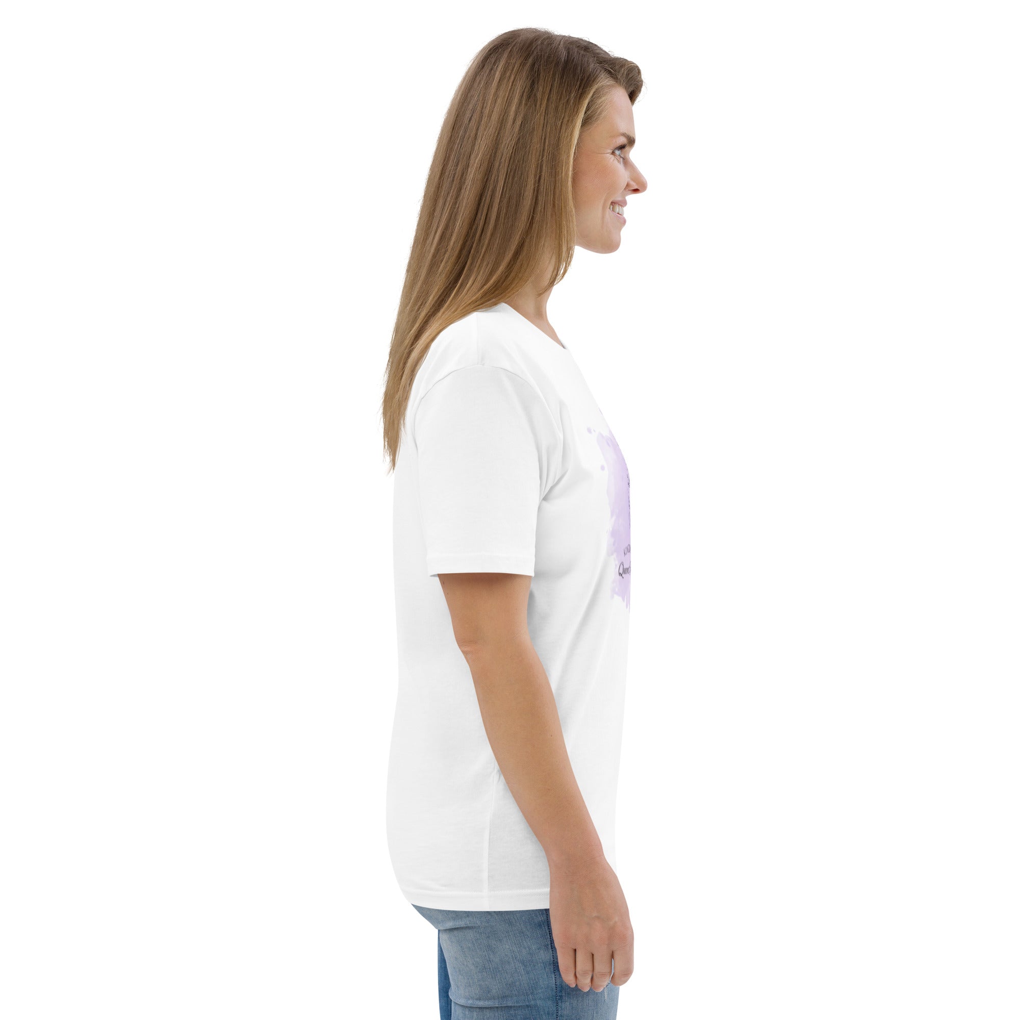 Right sleeve side view of t-shirt showing Kingdom Queens Rising logo with fancy lettering and hand drawing woman's face with a crown on top over a purple smoke background, on the front chest area of shirt. Plain in the back side.