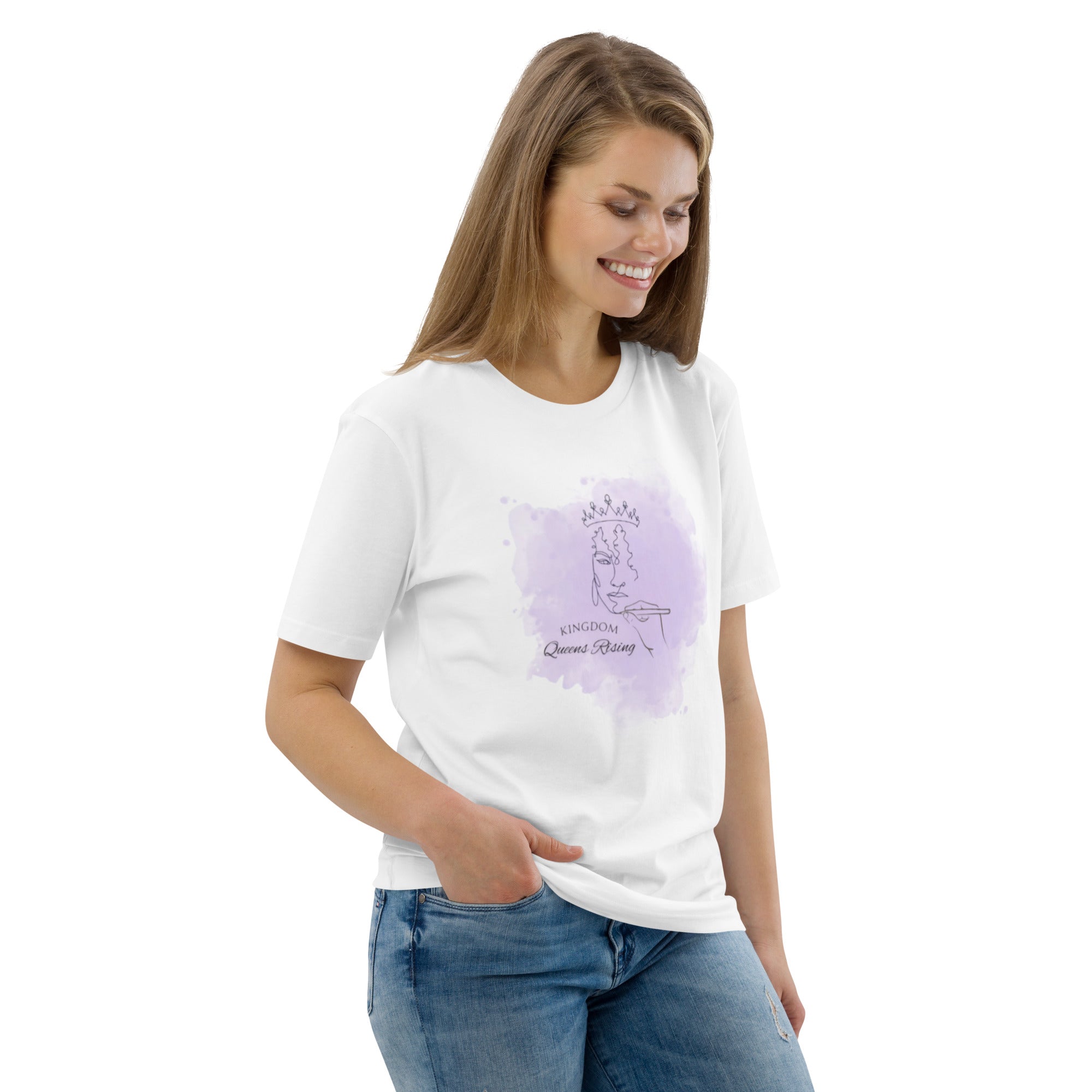 Front view of t-shirt showing Kingdom Queens Rising logo with fancy lettering and hand drawing woman's face with a crown on top over a purple smoke background, on the front chest area of shirt. Plain in the back side.