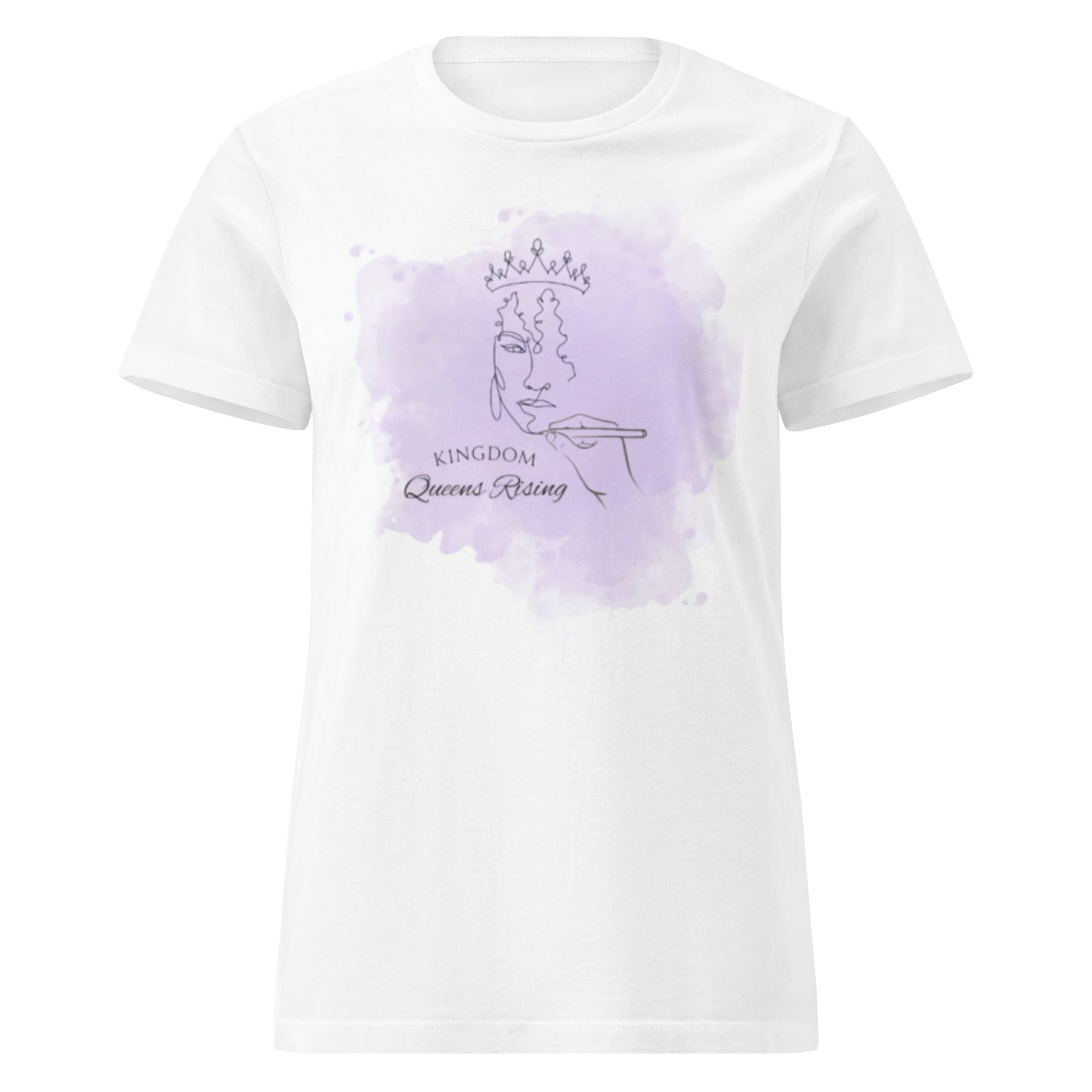 Front view showing large image of Kingdom Queens Logo showing fancy lettering and hand drawing a woman's face wearing a crown with purple smoke background.