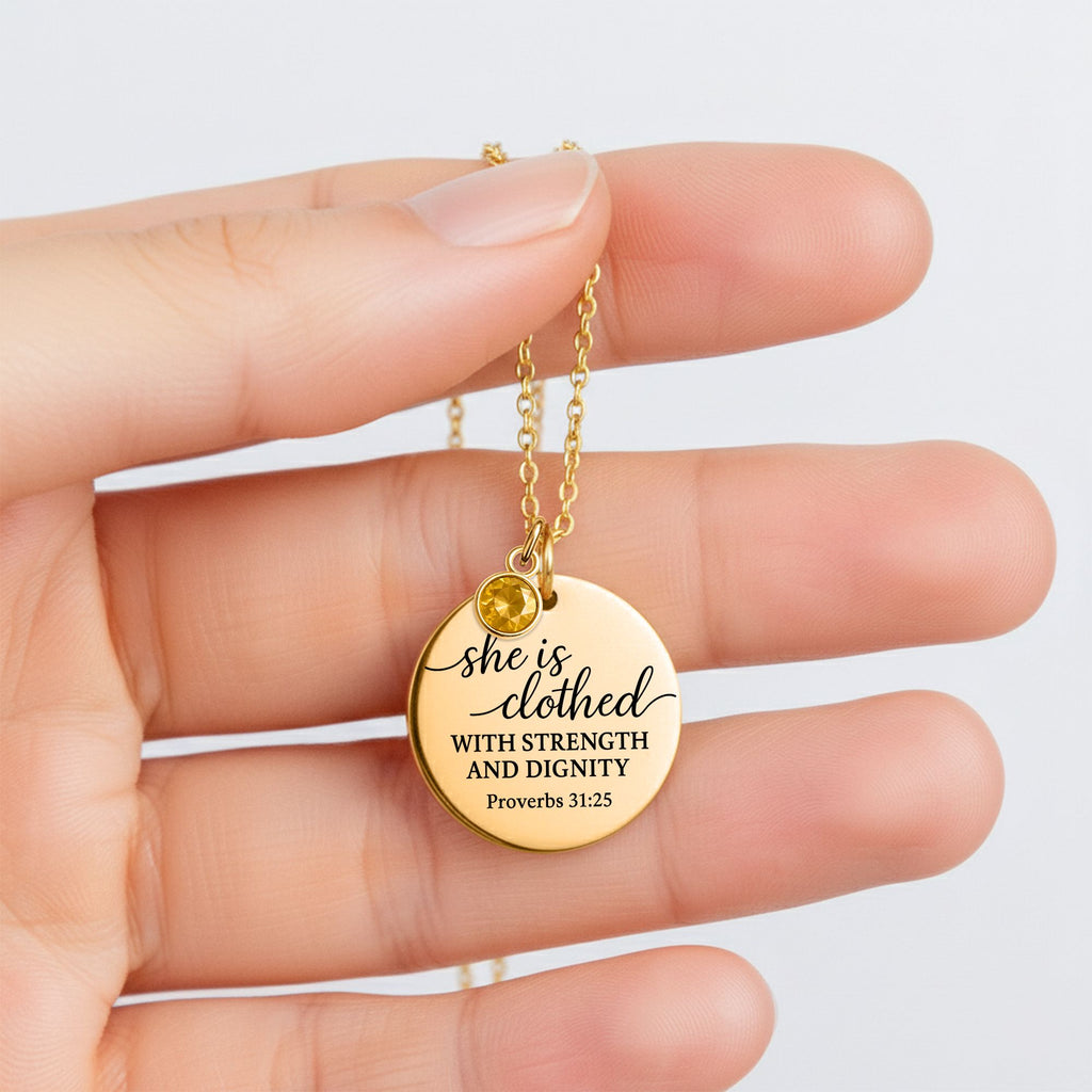 Proverbs 31:25 Coin Necklace with Birthstone
