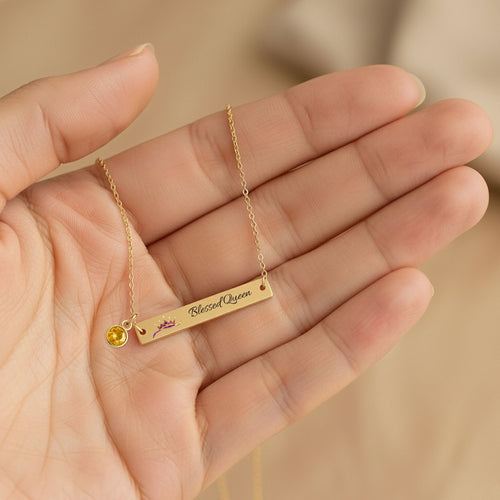 Blessed Queen Horizontal Bar Necklace with Birthstone