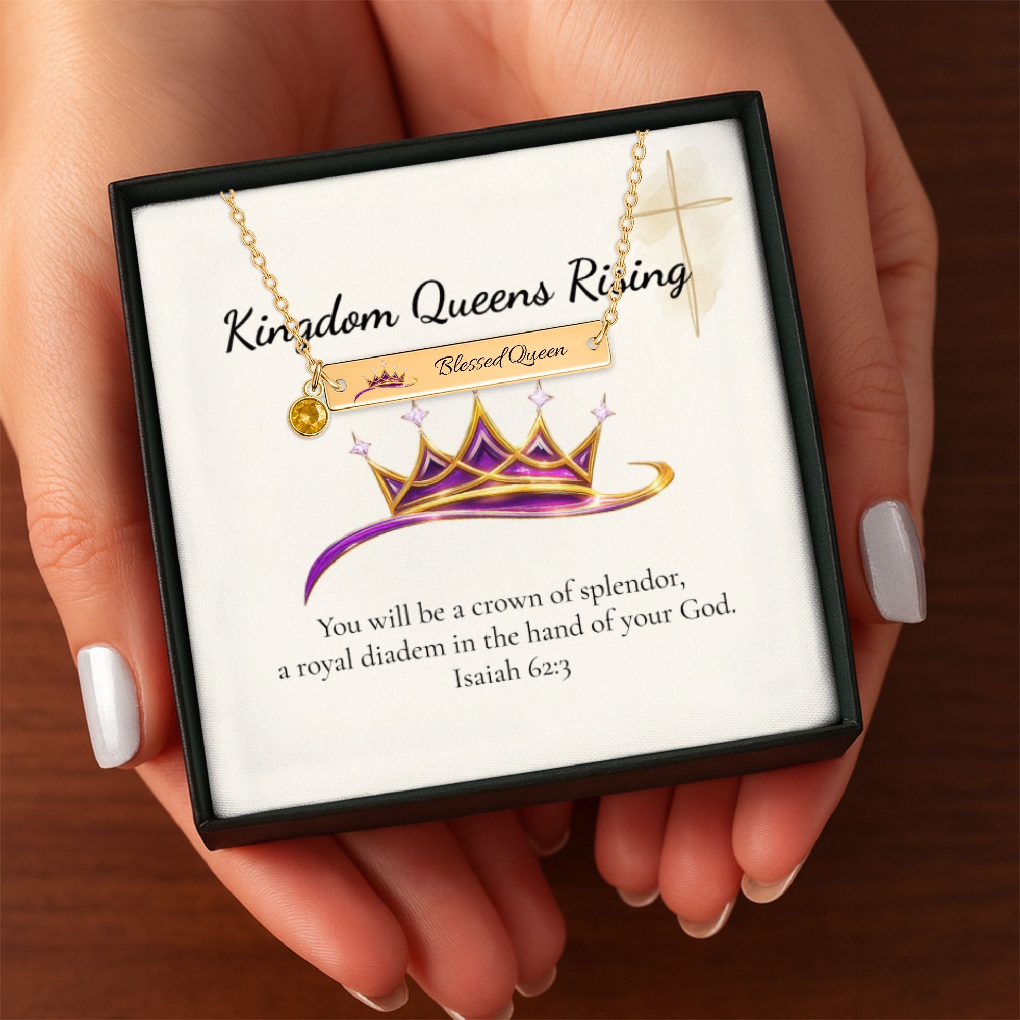 Blessed Queen Horizontal Bar Necklace with Birthstone