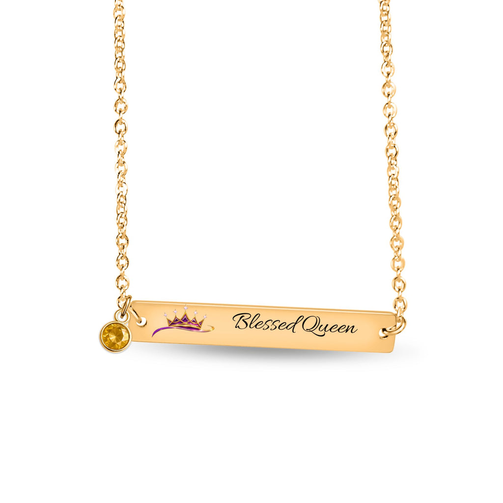 Blessed Queen Horizontal Bar Necklace with Birthstone