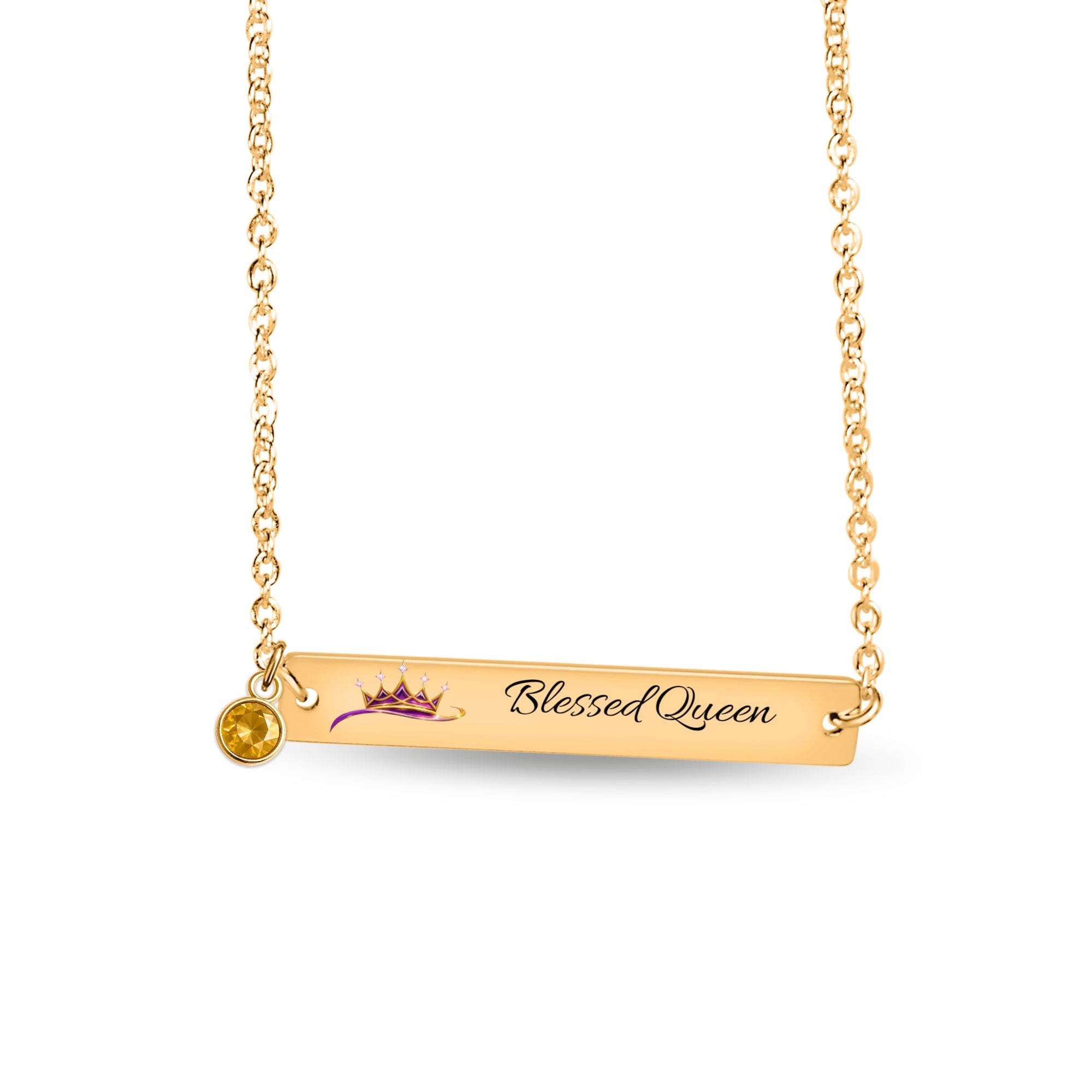 Blessed Queen Horizontal Bar Necklace with Birthstone