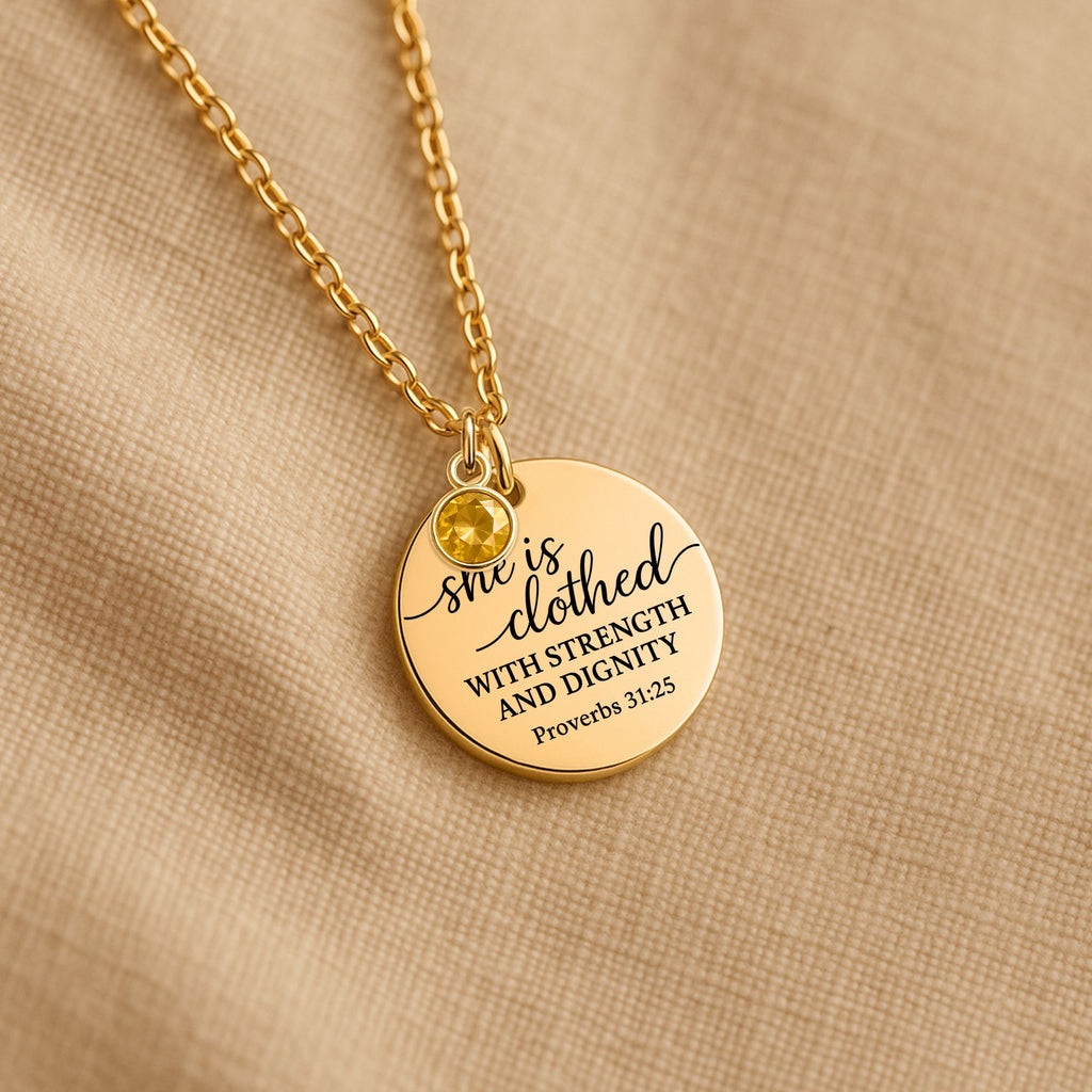 Proverbs 31:25 Coin Necklace with Birthstone