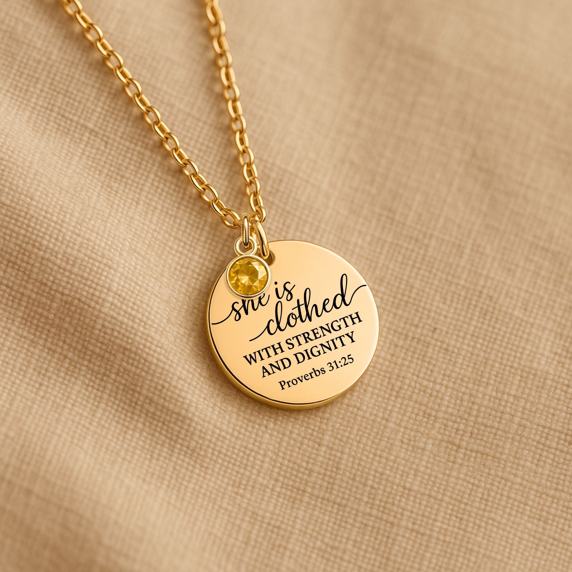 Proverbs 31:25 Coin Necklace with Birthstone