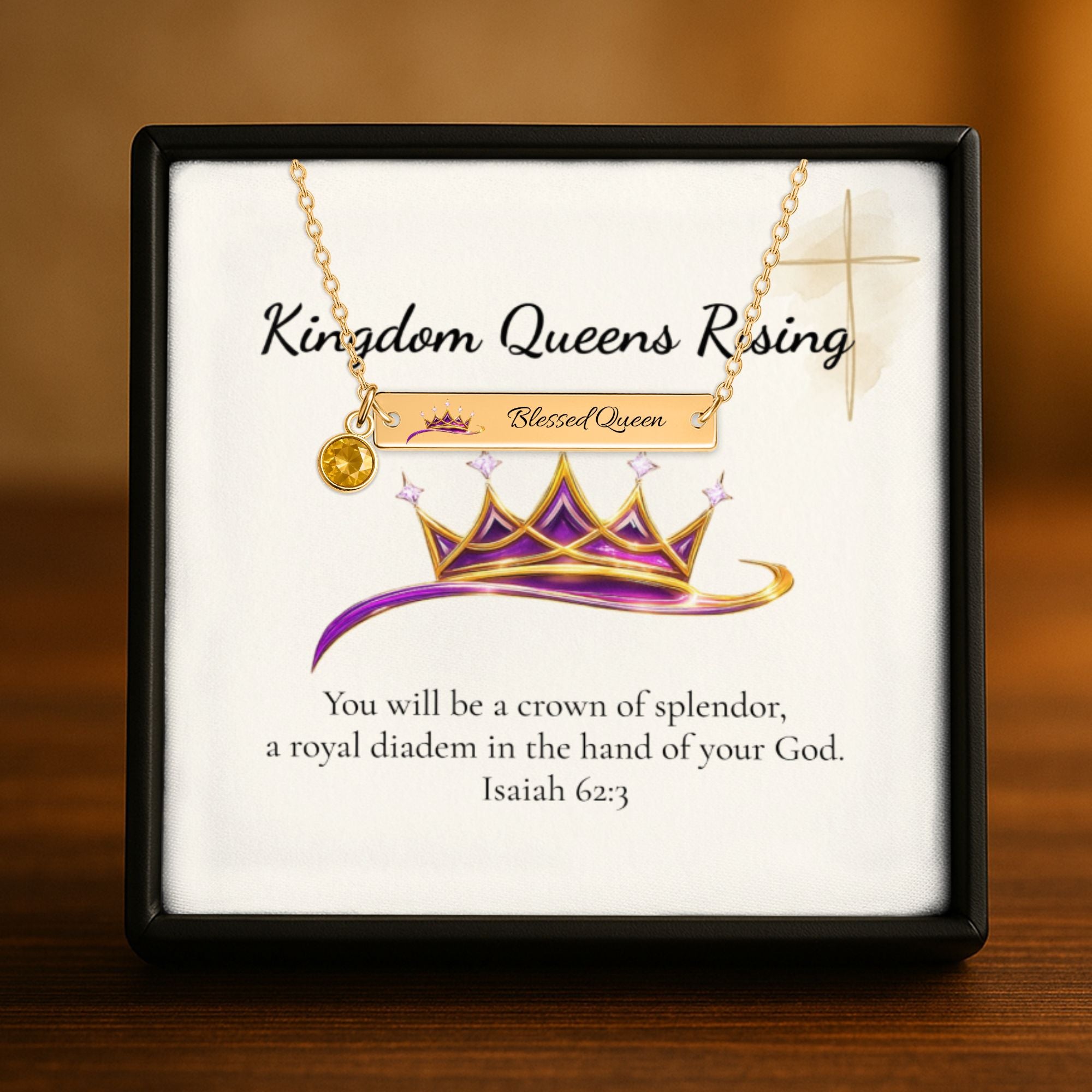 Blessed Queen Horizontal Bar Necklace with Birthstone