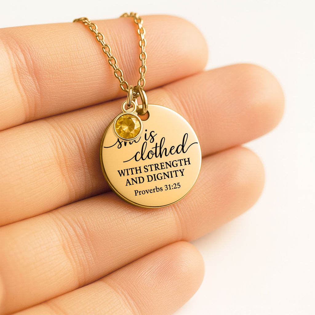 Proverbs 31:25 Coin Necklace with Birthstone