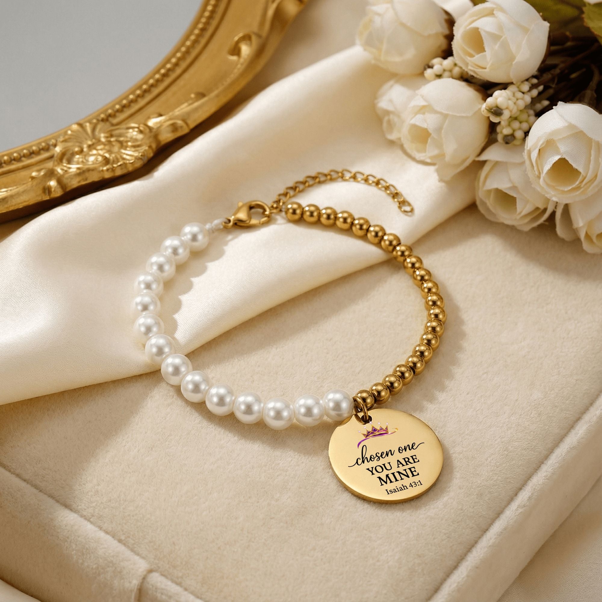 Premium Pearl & Gold Coin Bracelet: Mother of Pearl