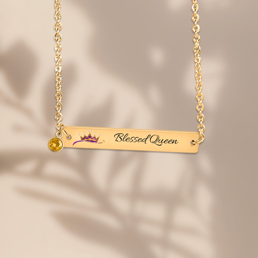Blessed Queen Horizontal Bar Necklace with Birthstone