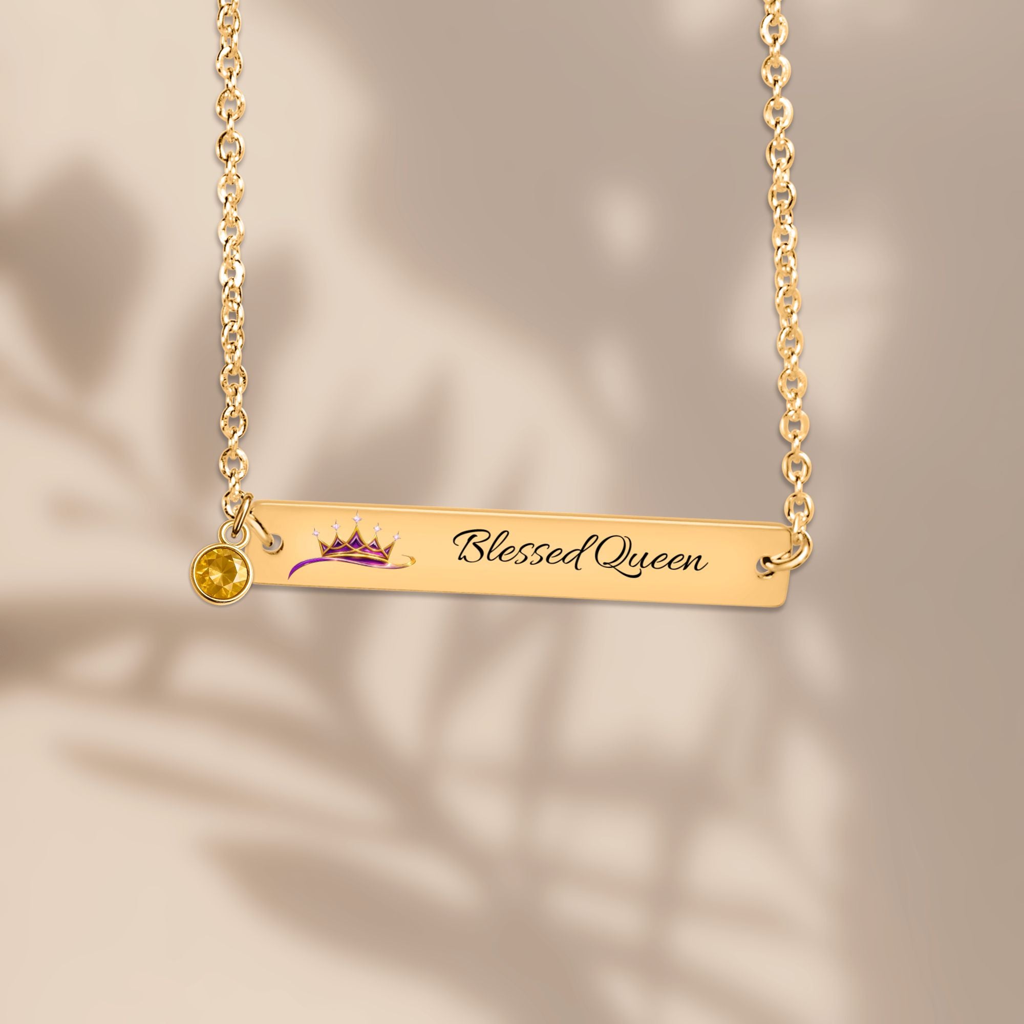 Blessed Queen Horizontal Bar Necklace with Birthstone