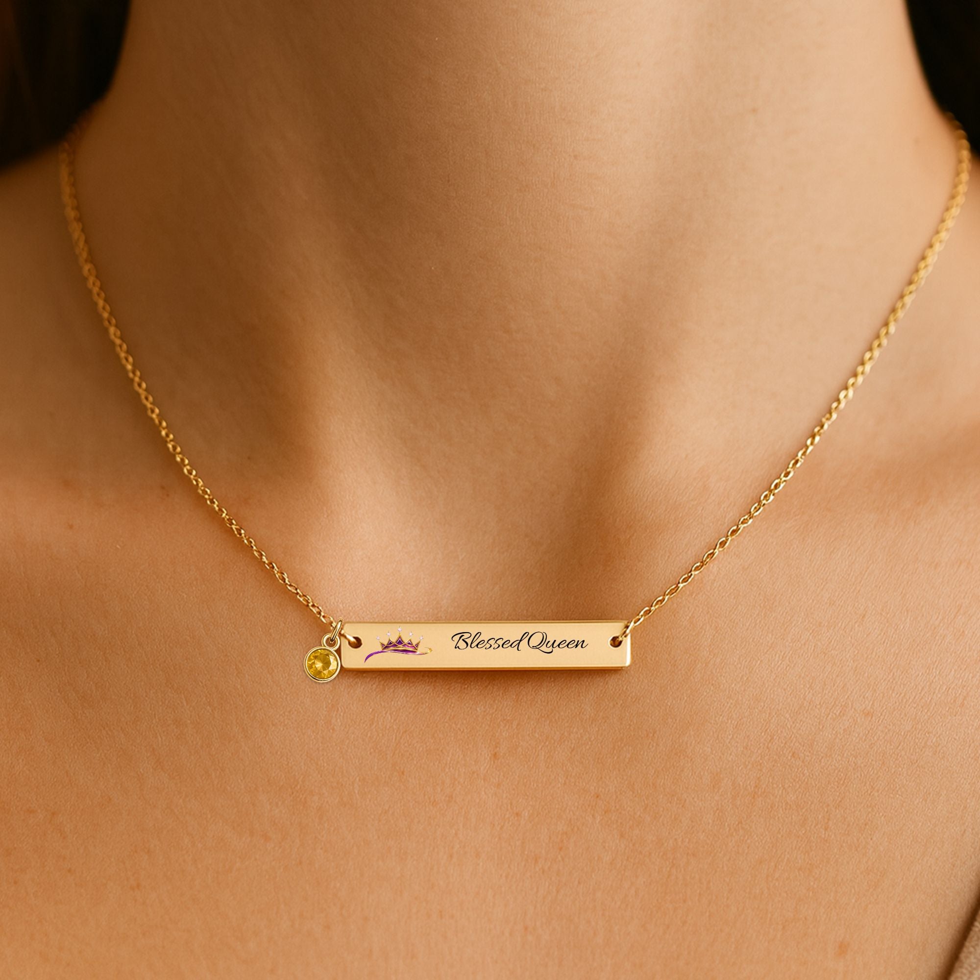 Blessed Queen Horizontal Bar Necklace with Birthstone
